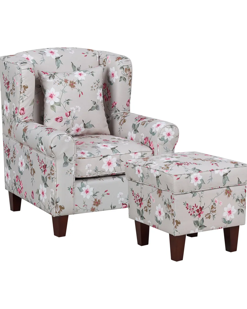 Sessel Polsterbezug Beige Blumenmuster Plus Hocker Hamar