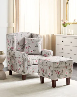 Sessel Polsterbezug Beige Blumenmuster Plus Hocker Hamar