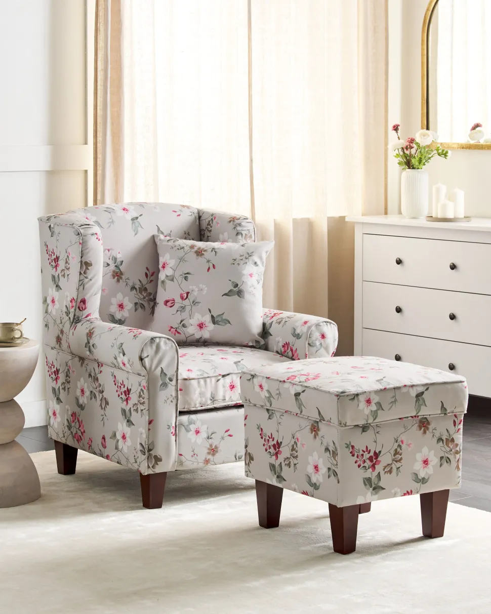 Sessel Polsterbezug Beige Blumenmuster Plus Hocker Hamar