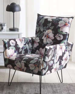 Sessel Polsterbezug Blumenmuster Schwarz Ribe