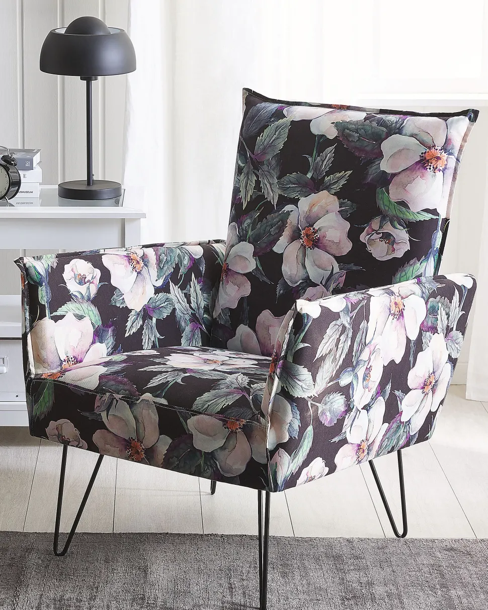 Sessel Polsterbezug Blumenmuster Schwarz Ribe