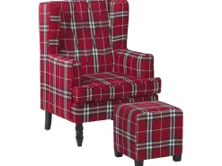 Sessel Polsterbezug Rot-Schwarz Kariertes Muster Plus Hocker Sandset