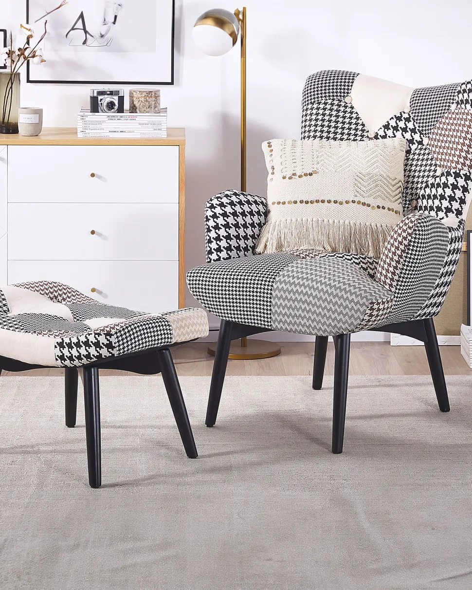Sessel Polsterbezug Schwarz-Weis Plus Hocker Vejle
