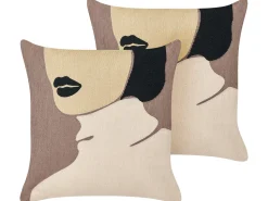 Set Of 2 Cotton Cushions Female Motif 45 X 45 Cm Brown And Beige Silphium