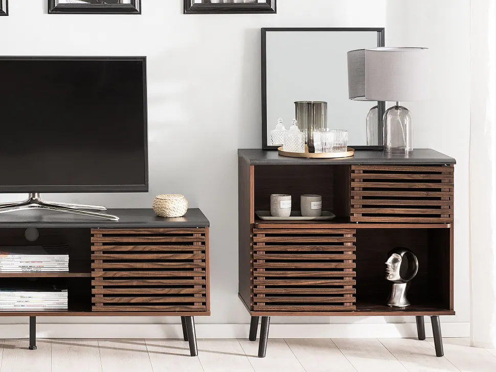 Sideboard Dunkler Holzfarbton Verschiebbare Turen Perth