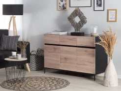 Sideboard Heller Holzfarbton / Schwarz 3 Schranke 3 Schubladen Sydney