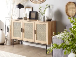 Sideboard Heller Holzfarbton 3 Rattan-Turen Pasco