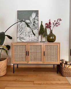 Sideboard Heller Holzfarbton 3 Rattan-Turen Pasco