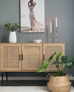Sideboard Heller Holzfarbton 3 Rattan-Turen Pasco