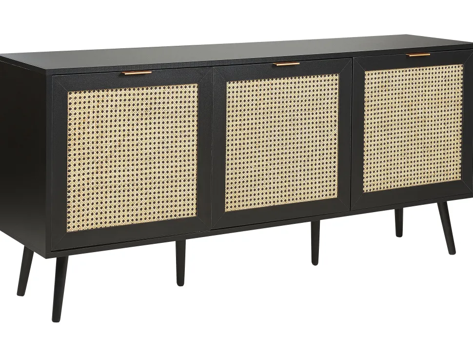 Sideboard Rattan Schwarz / Beige 3 Turen 150 X 40 X 71 Cm Opoco