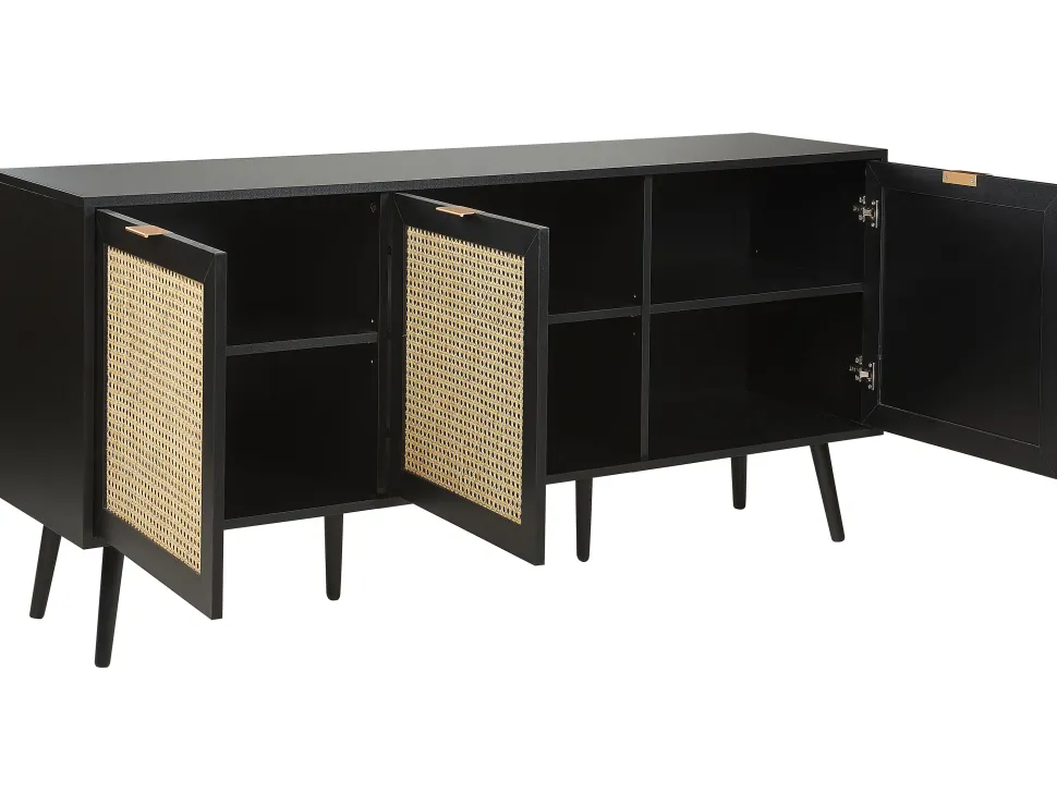 Sideboard Rattan Schwarz / Beige 3 Turen 150 X 40 X 71 Cm Opoco