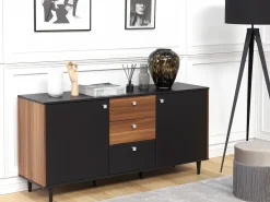 Sideboard Schwarz / Dunkler Holzfarbton 3 Schubladen 2 Schranke Kuro