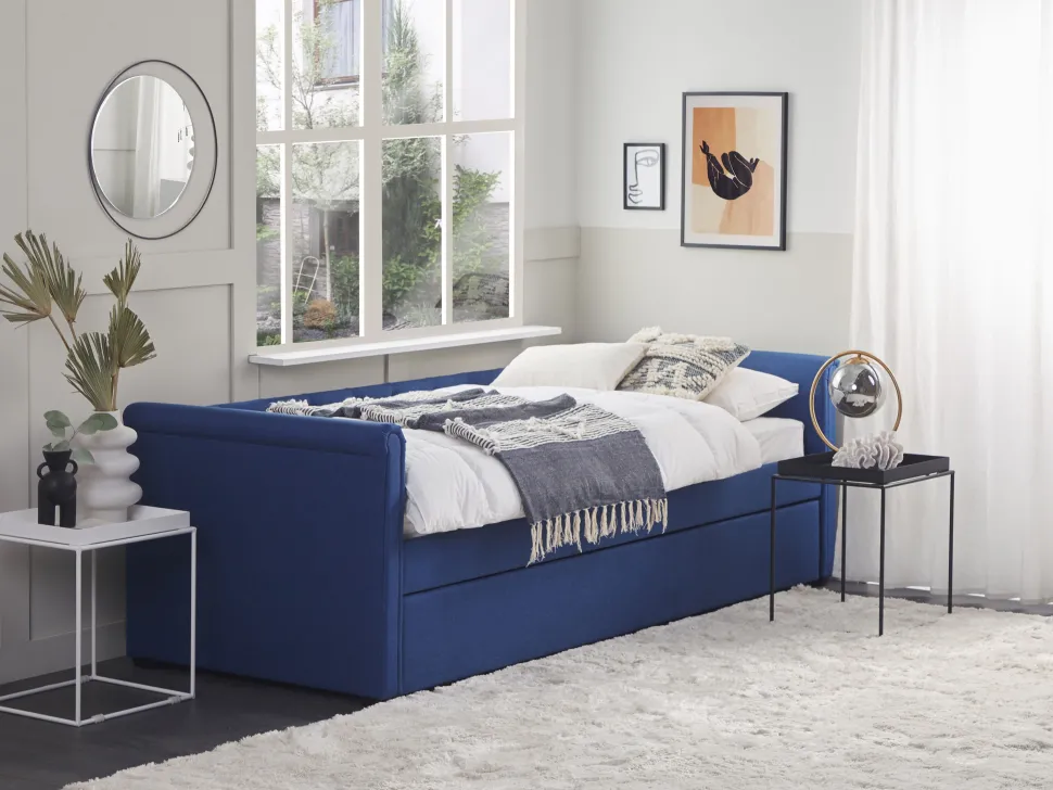 Tagesbett Ausziehbar Polsterbezug Marineblau Leinenoptik Lattenrost 90 X 200 Cm Libourne