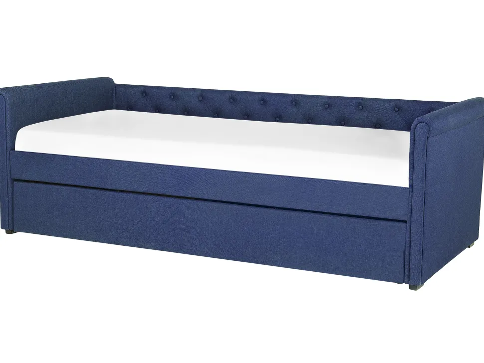 Tagesbett Ausziehbar Polsterbezug Marineblau Leinenoptik Lattenrost 90 X 200 Cm Libourne