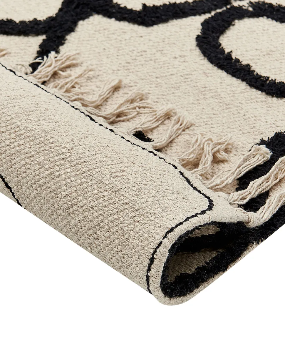 Teppich Baumwolle Beige / Schwarz 160 X 230 Cm Gesichtsmotiv Kurzflor Konur