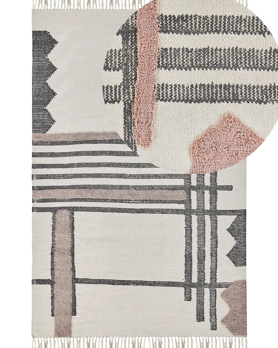 Teppich Baumwolle Beige / Schwarz 160 X 230 Cm Abstraktes Muster Fransen Kurzflor Muradiye