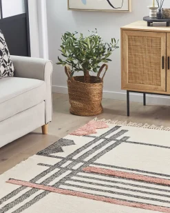 Teppich Baumwolle Beige / Schwarz 160 X 230 Cm Abstraktes Muster Fransen Kurzflor Muradiye
