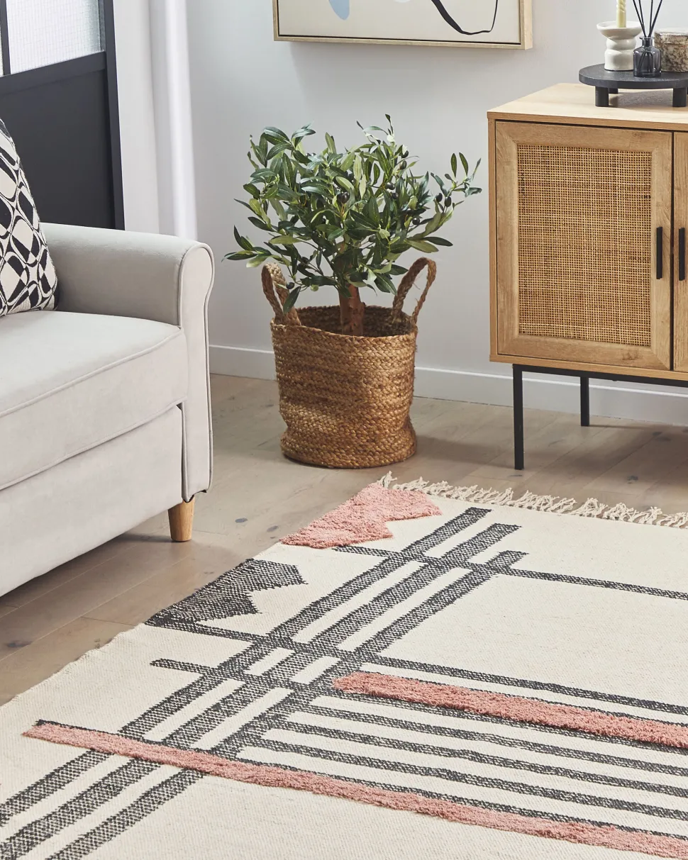 Teppich Baumwolle Beige / Schwarz 160 X 230 Cm Abstraktes Muster Fransen Kurzflor Muradiye