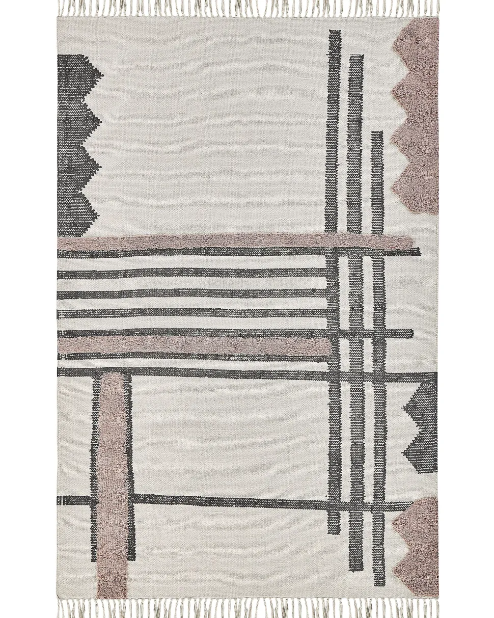Teppich Baumwolle Beige / Schwarz 160 X 230 Cm Abstraktes Muster Fransen Kurzflor Muradiye