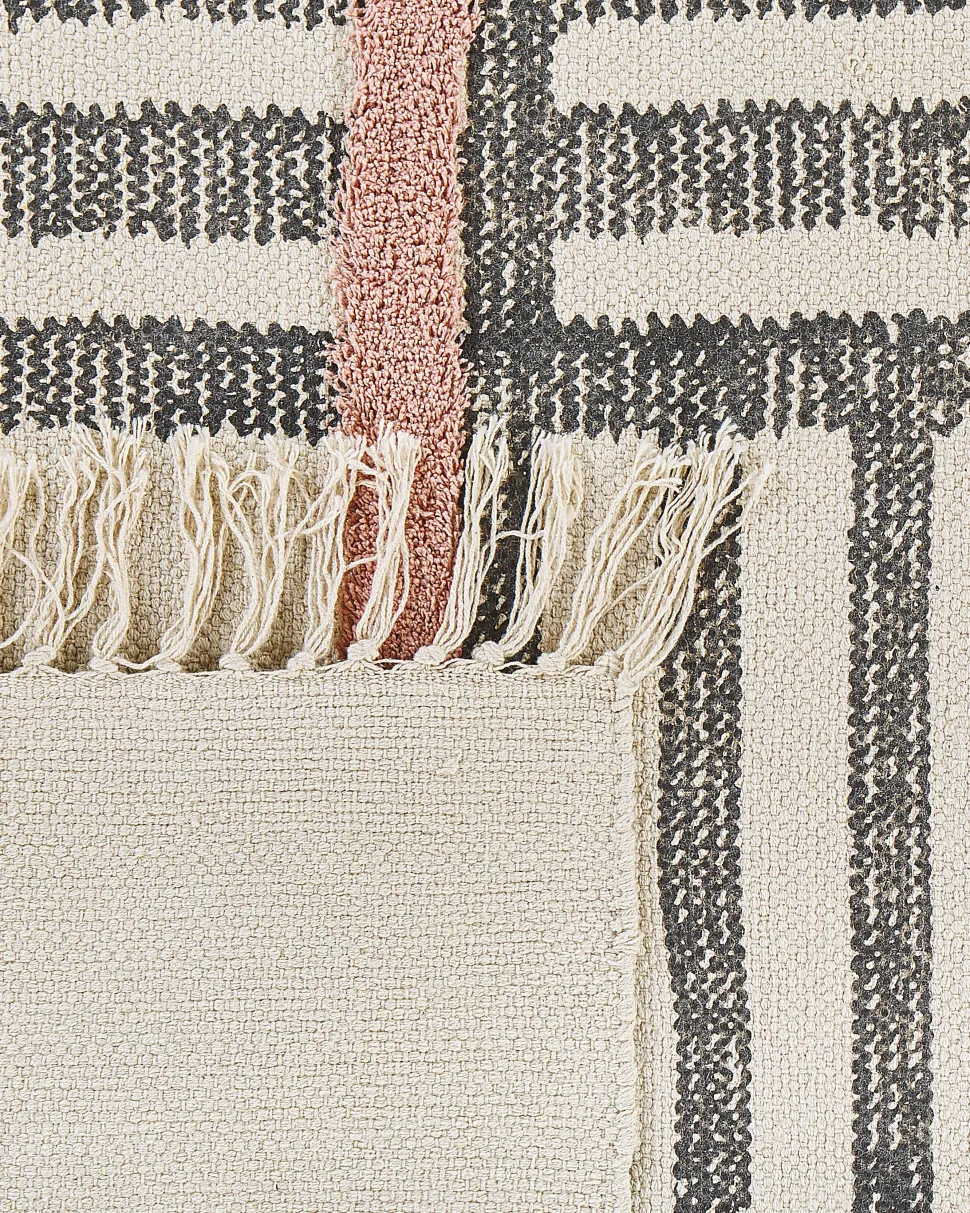 Teppich Baumwolle Beige / Schwarz 160 X 230 Cm Abstraktes Muster Fransen Kurzflor Muradiye