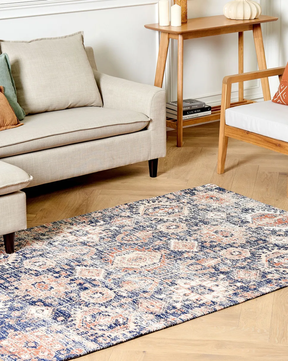 Teppich Baumwolle Blau / Rot 140 X 200 Cm Orientalisches Muster Kurzflor Kurin