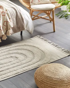 Teppich Baumwolle Hellbeige 80 X 150 Cm Geometrisches Muster Fransen Kurzflor Hakkari
