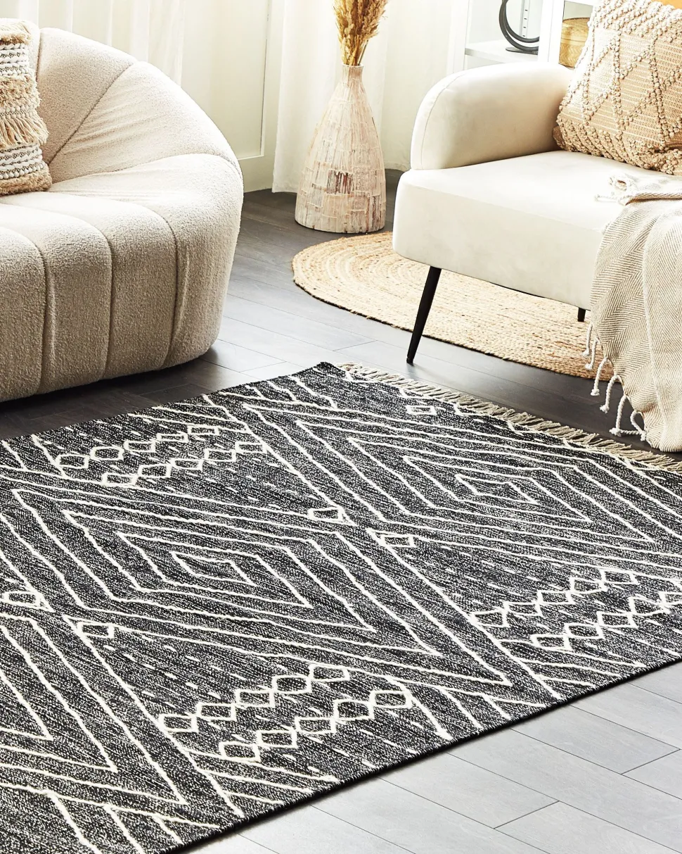 Teppich Baumwolle Schwarz / Weis 160 X 230 Cm Geometrisches Muster Kurzflor Khenifra