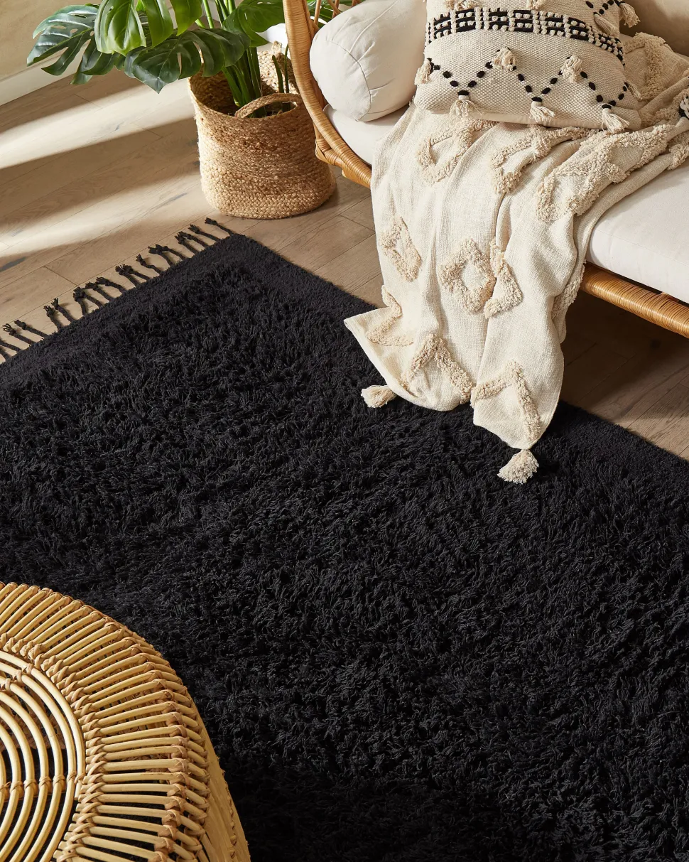 Teppich Baumwolle Schwarz 140 X 200 Cm Fransen Shaggy Bitlis