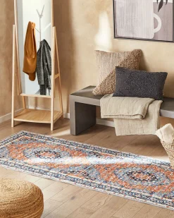 Teppich Blau / Orange 80 X 300 Cm Orientalisches Muster Kurzflor Midalam