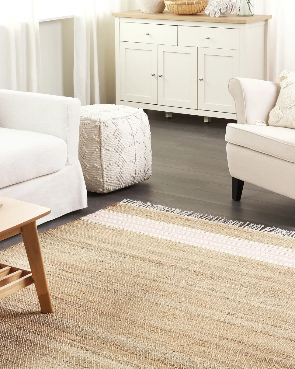Teppich Jute Beige / Pastellrosa 160 X 230 Cm Streifenmuster Kurzflor Zweiseitig Mirza