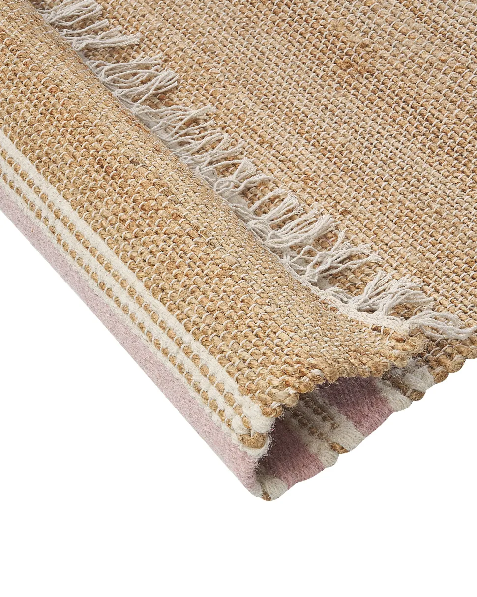 Teppich Jute Beige / Pastellrosa 160 X 230 Cm Streifenmuster Kurzflor Zweiseitig Mirza