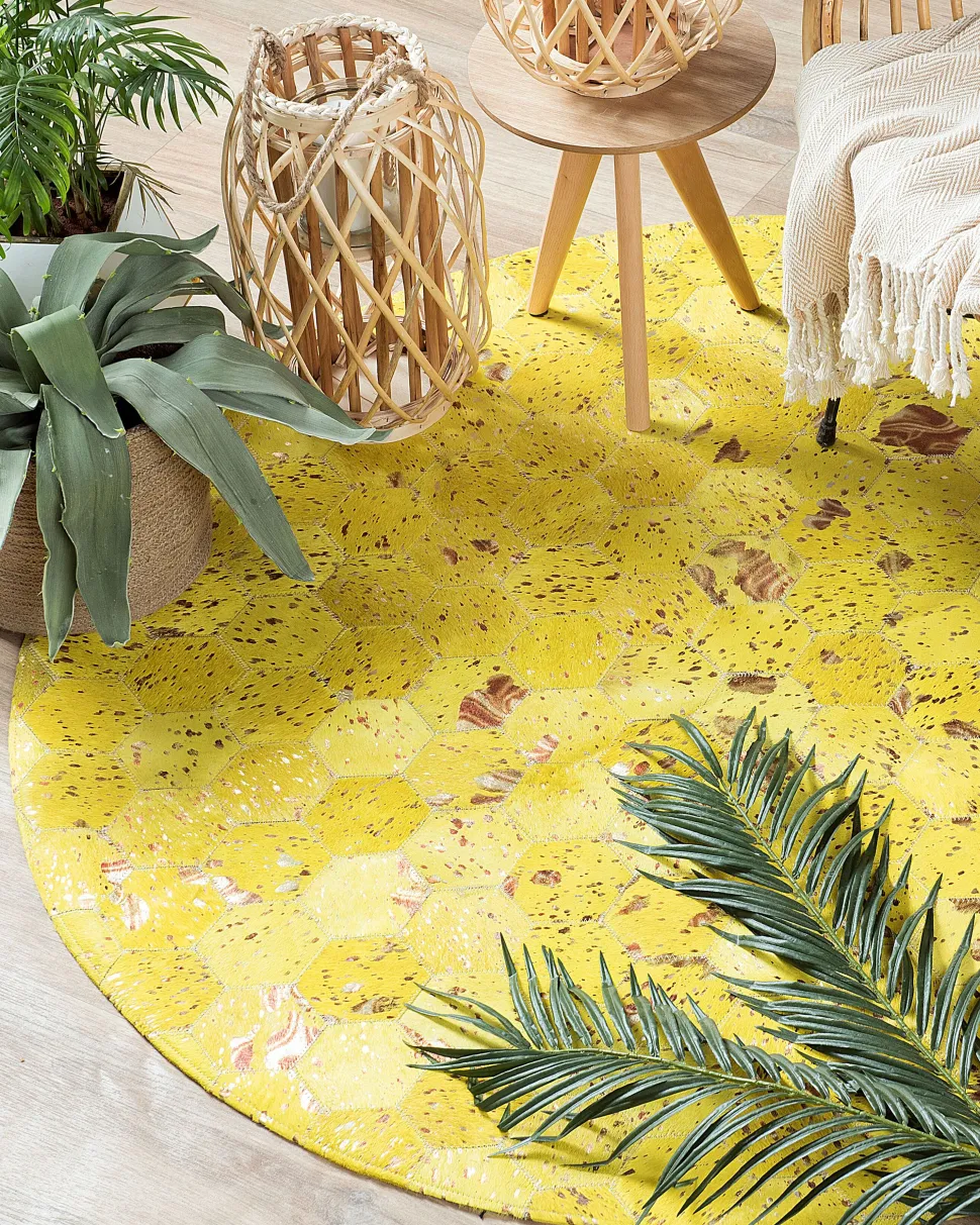 Teppich Kuhfell Gelb 140 Cm Patchwork Kurzflor Zeytin