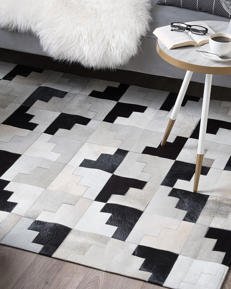 Teppich Kuhfell Schwarz-Grau 160 X 230 Cm Patchwork Kurzflor Efirli