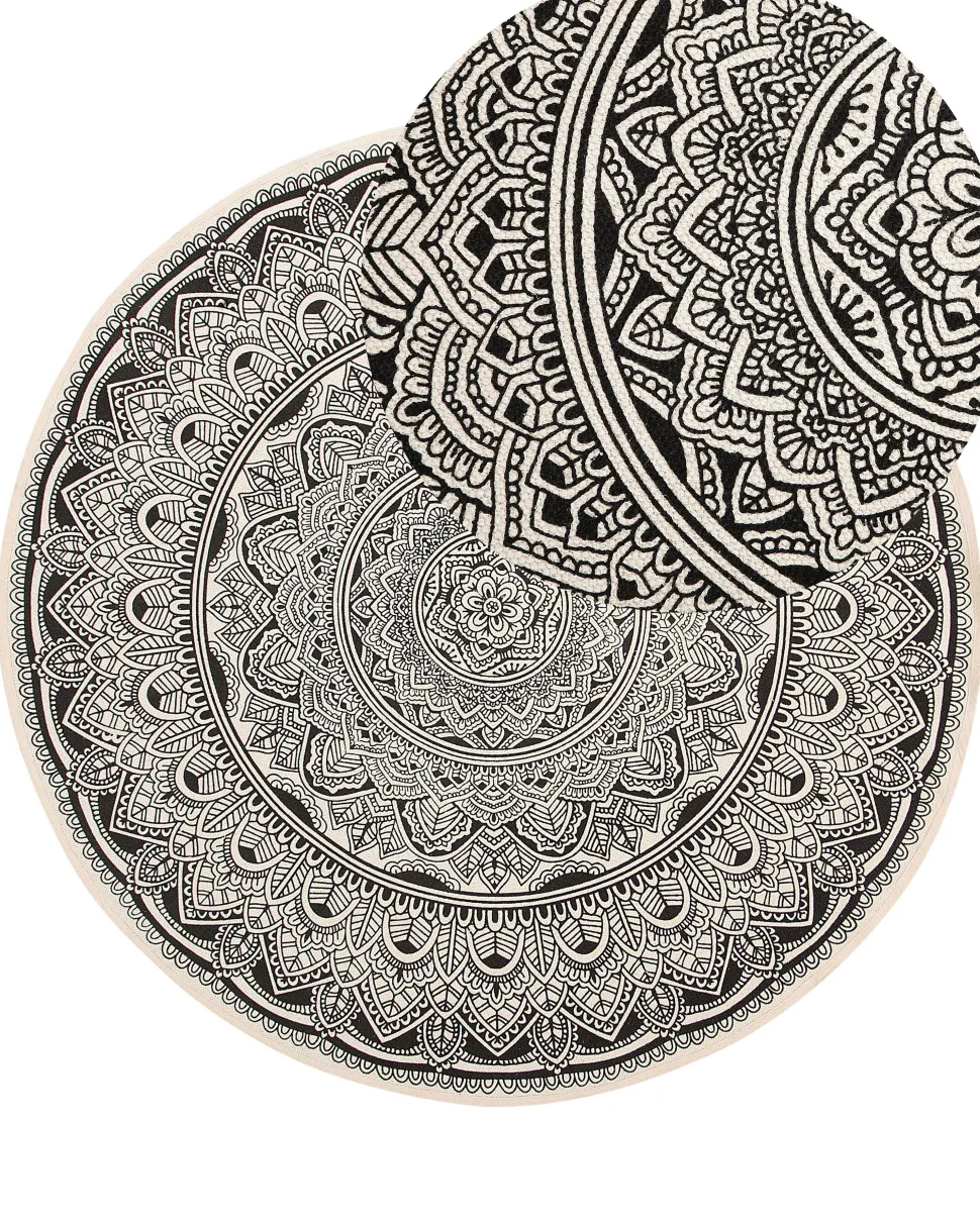 Teppich Schwarz/Creme Baumwolle O 120 Cm Mandala-Muster Hizan