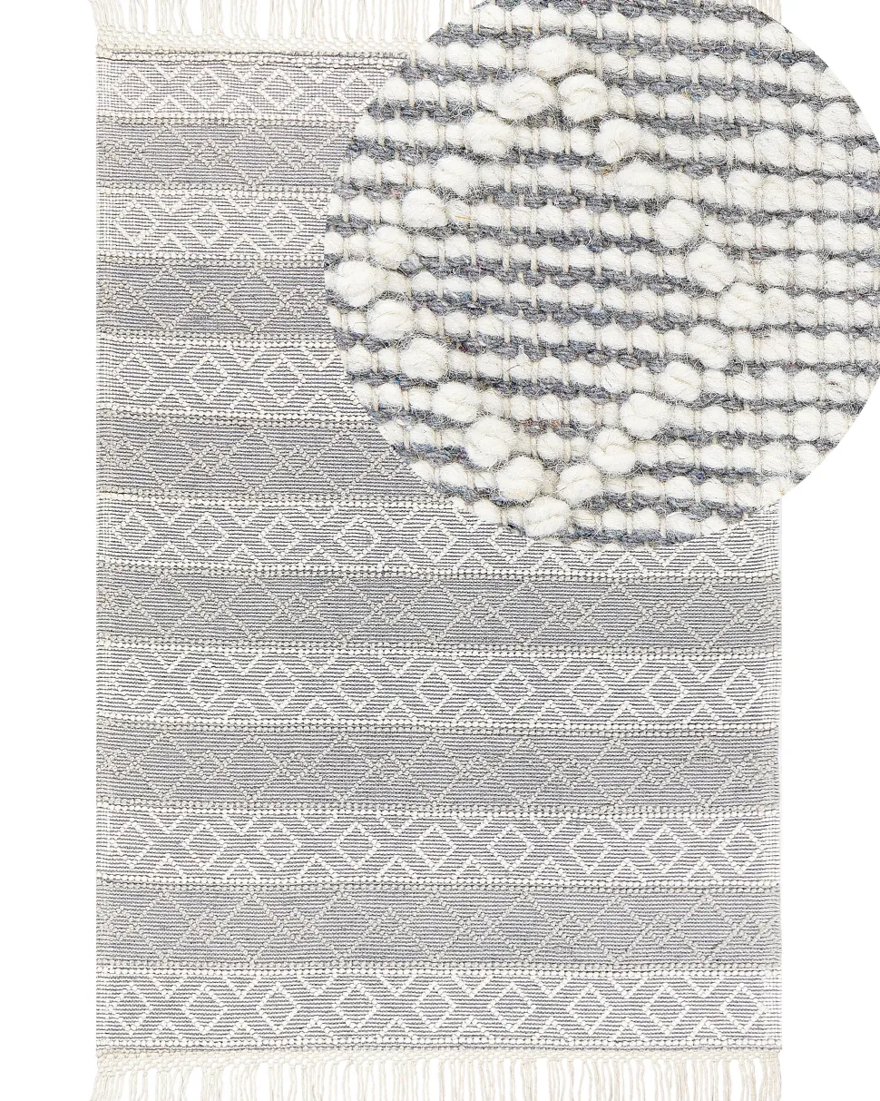Teppich Wolle Grau / Weis 160 X 230 Cm Fransen Kurzflor Tonya