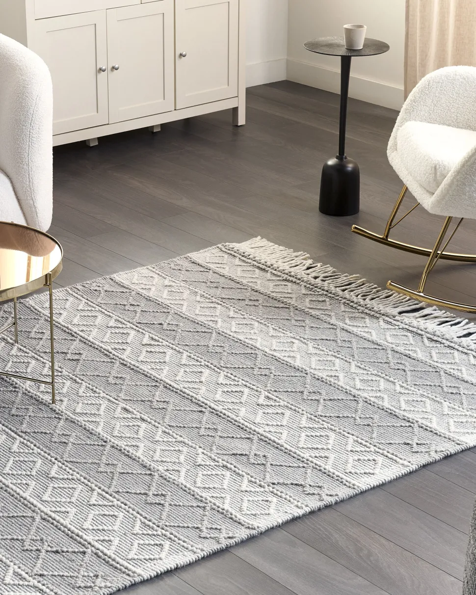 Teppich Wolle Grau / Weis 160 X 230 Cm Fransen Kurzflor Tonya
