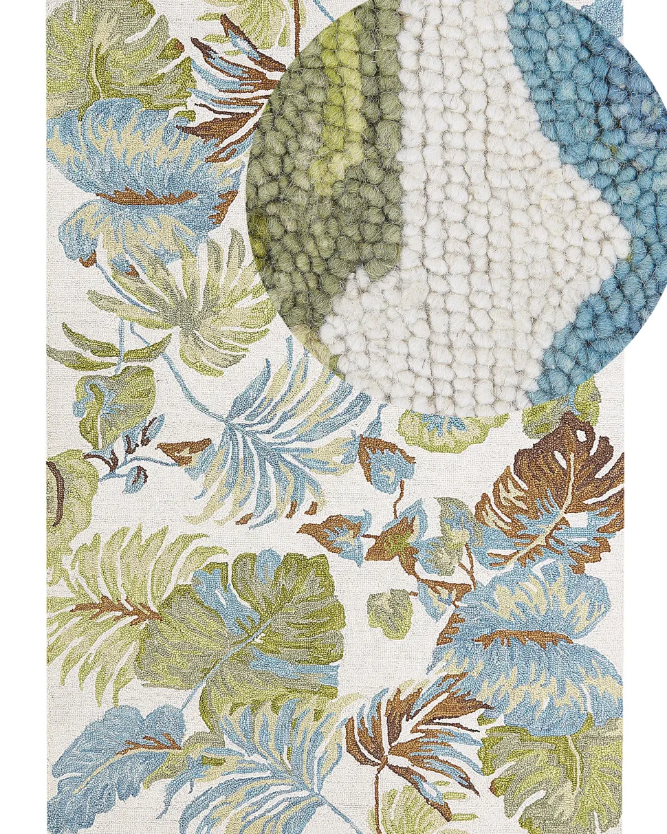 Teppich Wolle Mehrfarbig 160 X 230 Cm Blattmuster Kurzflor Kinik