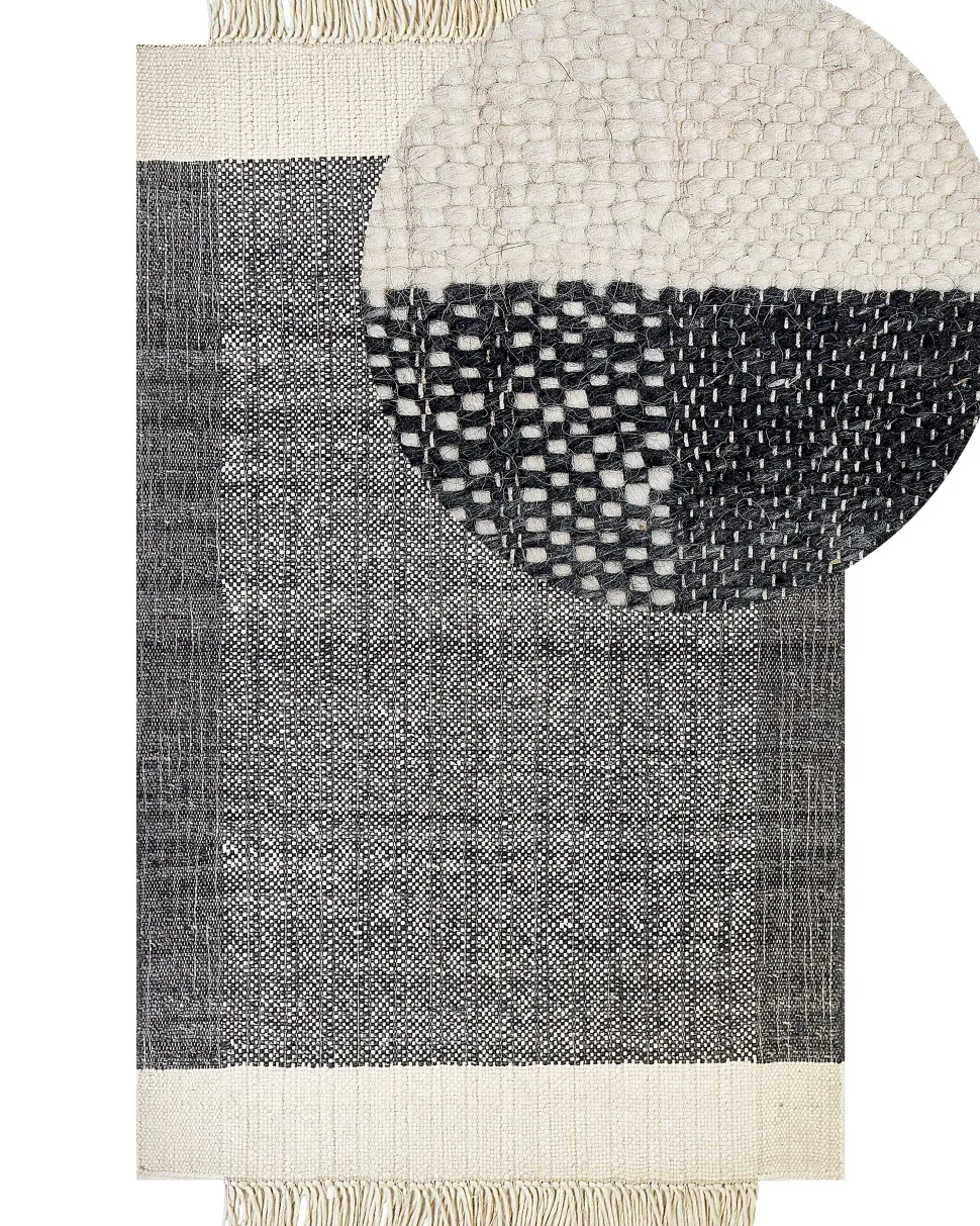 Teppich Wolle Schwarz / Cremeweis 160 X 230 Cm Streifenmuster Kurzflor Atlanti