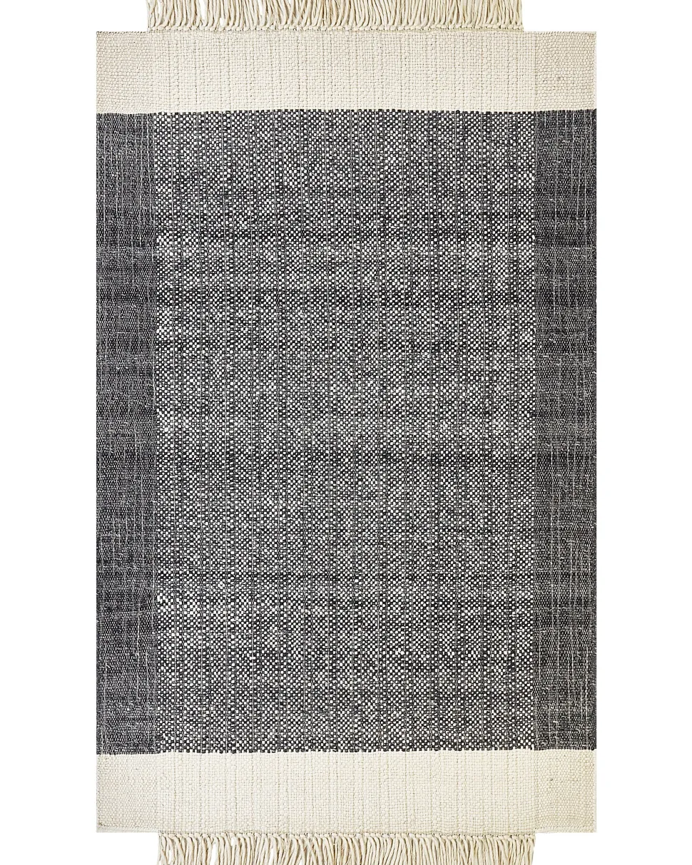 Teppich Wolle Schwarz / Cremeweis 160 X 230 Cm Streifenmuster Kurzflor Atlanti