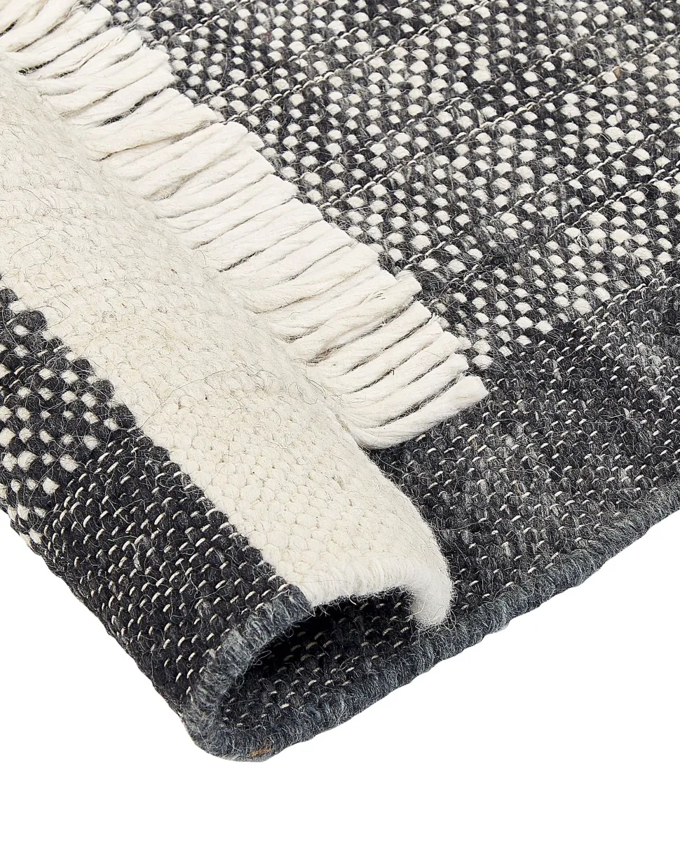 Teppich Wolle Schwarz / Cremeweis 160 X 230 Cm Streifenmuster Kurzflor Atlanti