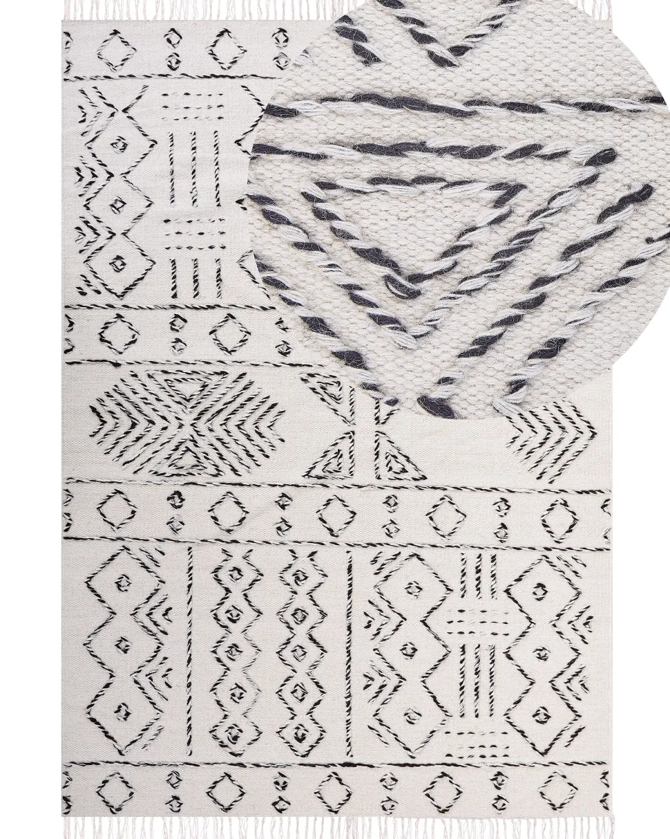 Teppich Wolle Weis / Schwarz Geometrisches Muster 160 X 230 Cm Kurzflor Alkent