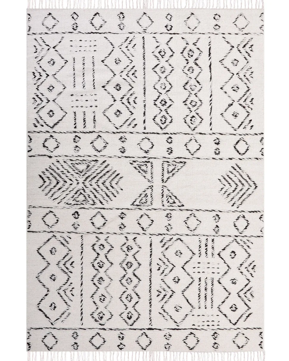 Teppich Wolle Weis / Schwarz Geometrisches Muster 160 X 230 Cm Kurzflor Alkent