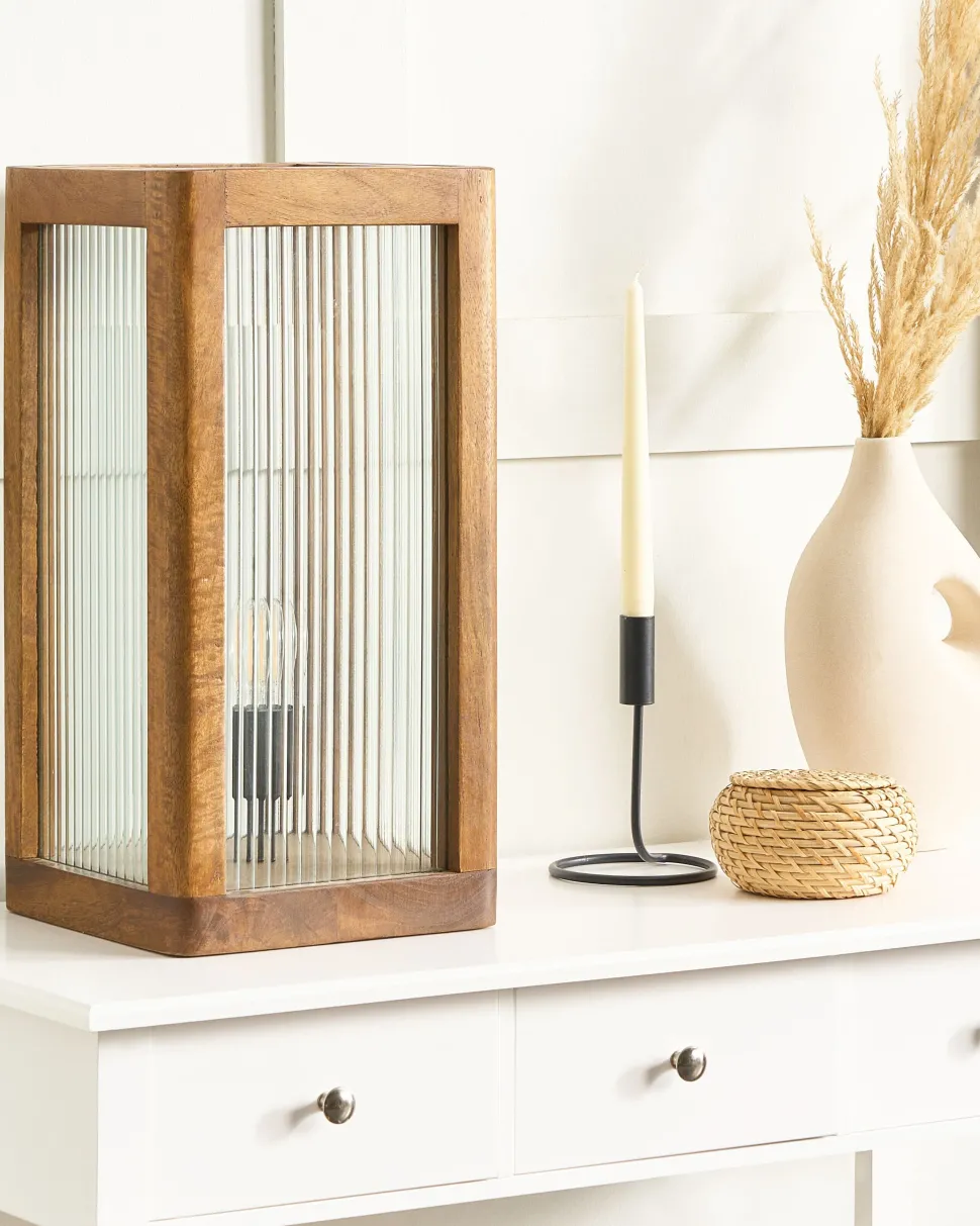 Tischlampe Mango Holz Hellbraun 50 Cm Geometrisch Kolidam