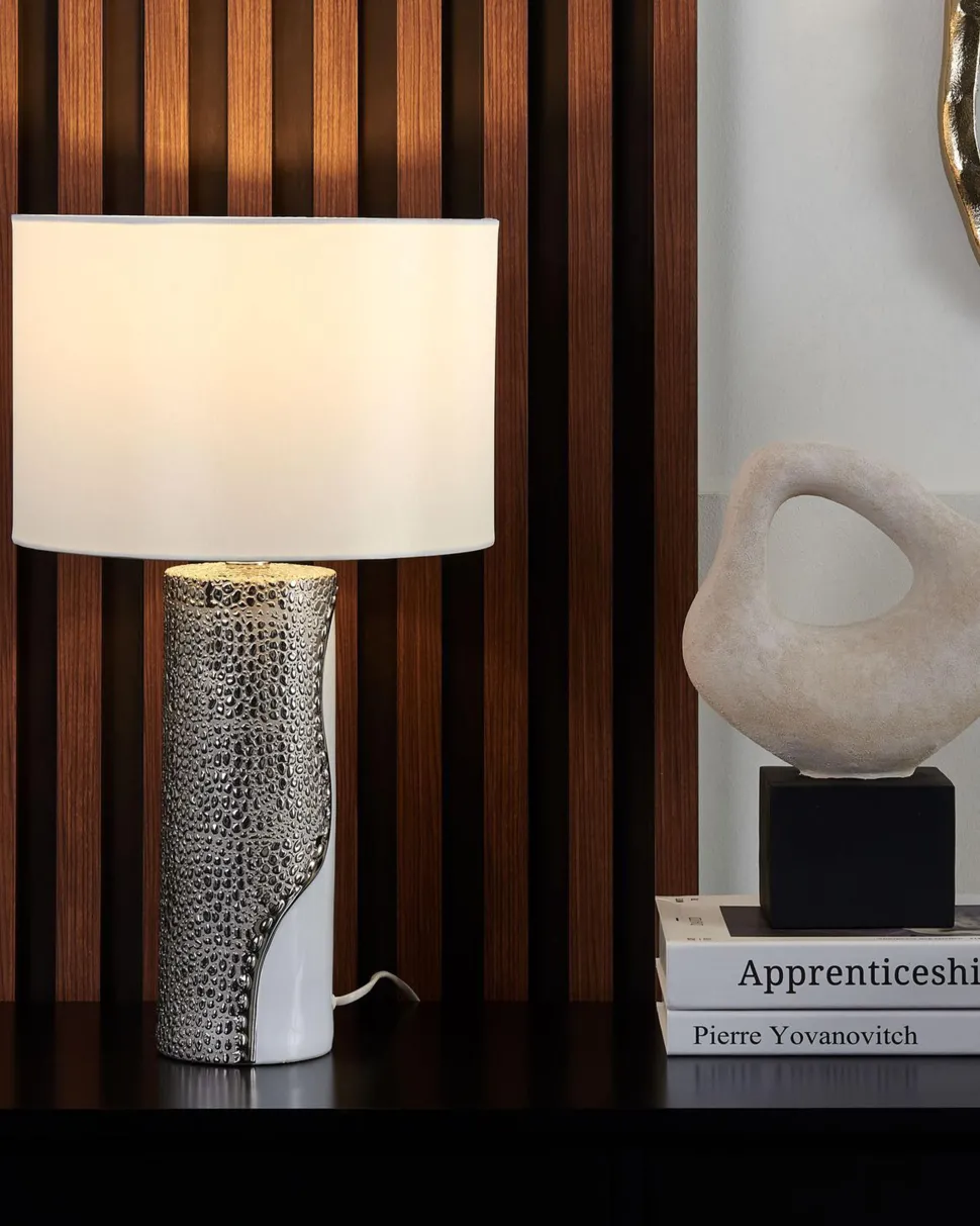 Tischlampe Weis / Silber 52 Cm Trommelform Aiken