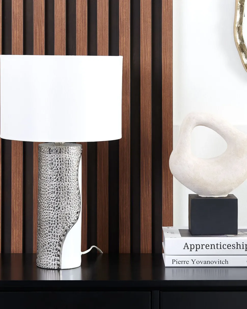 Tischlampe Weis / Silber 52 Cm Trommelform Aiken