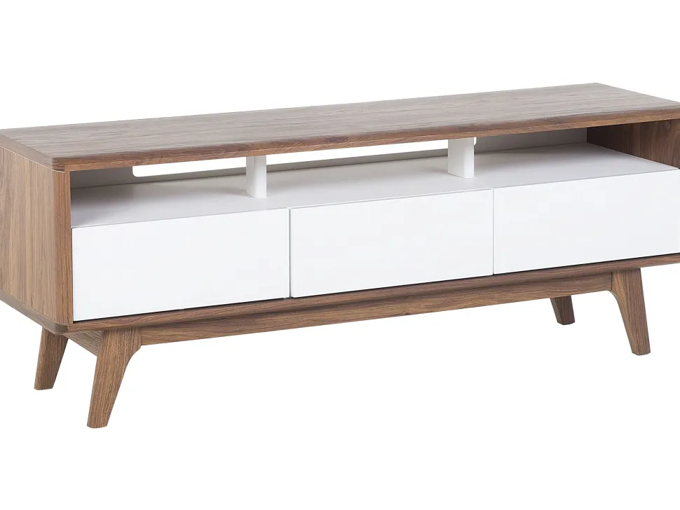 Tv-Mobel Dunkler Holzfarbton / Weis Mit 3 Schubladen 140 X 39 X 53 Cm Syracuse