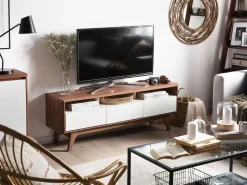 Tv-Mobel Dunkler Holzfarbton / Weis Mit 3 Schubladen 140 X 39 X 53 Cm Syracuse