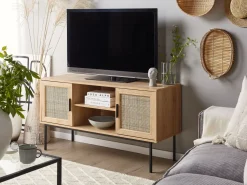 Tv-Mobel Heller Holzfarbton Rattan-Turen 120 X 39 X 63 Cm Pasco