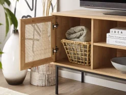 Tv-Mobel Heller Holzfarbton Rattan-Turen 120 X 39 X 63 Cm Pasco