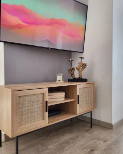 Tv-Mobel Heller Holzfarbton Rattan-Turen 120 X 39 X 63 Cm Pasco